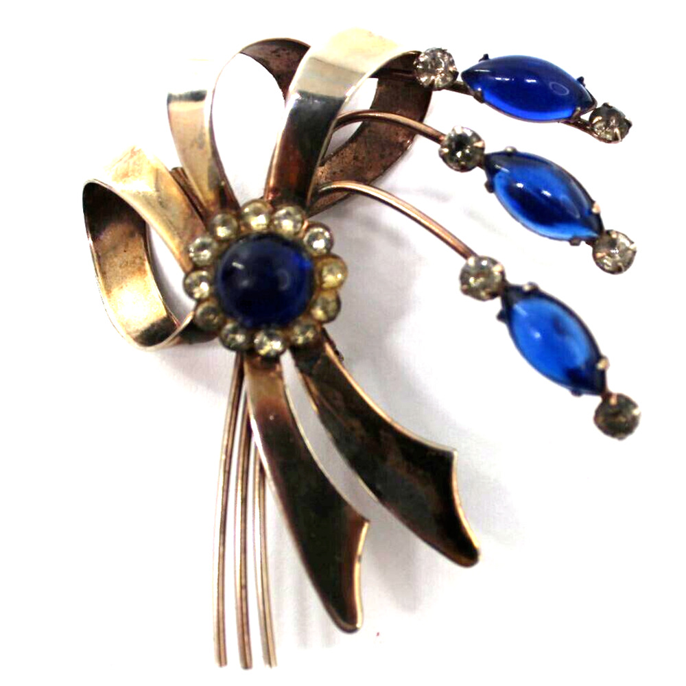 Vintage White Rhinestone Spray Brooch Pin • 1940s • Blue Lucite • Triple Bow